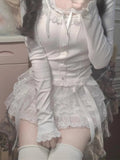 Sweet Kawaii Skirts Women Lolita Coquette Lace Bow Patchwork Mini Skirt White High Waist Cute Summer A-line Short Skirt