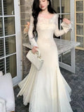Autumn New Elegant Midi Dresses For Women Lace Patchwork Flare Sleeve A-line Dress Birthday Party Dance Wedding Vestidos Mujer