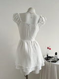 Pbong  Vintage French Style Square Neck Waist Shaping Two-Tier Puff Dress