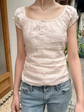 Women Sweet Pink Linen Lace-up Slim T Shirt Summer Buttons O-neck Puff Sleeve Blouse Vintage Preppy Solid Cute Tees Y2k