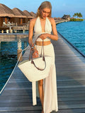 Women V neck Vest Skirts Set Slim Sexy Halter Tanks Top  Mesh Splice Slit Long Skirt Solid Casual Two Piece Set Female