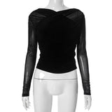 Pbong  Woman Gauze T Shirts Slim Waist Long Sleeve Tees Fashion Temperament Pleated Tops Korean Camisetas V-neck Tunic Sexy Crop Tshirt