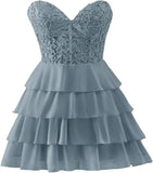 Pbong  Lace Tiered Chiffon Homecoming Dresses Strapless Corset Short Prom Dresses for Teens