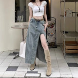 Pbong  High Waist Denim Mini Skirt Women's Slimming A- Line Long Skirt Side Slit Vintage Artistic Elegant Cotton Polyester Blend