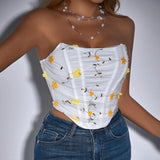 Fashion High Street American Strapless Corsets Shaper Exquisite Flower Embroidery Appliques Tank Top Y2k Summer All Match Tees