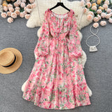 Pbong  Women Dress Spring and Autumn Fashion Print Floral Elastic Waist A-line Chiffon Dress Korean Beach Long Robe Femme