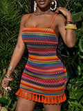 Pbong  Beach Spring And Summer New Colorful Holiday U-Neck Suspender Cross Back Backless Slim Mini Skirt Tassel Hem Colorful