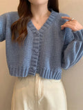 Sexy Cropped Sweet Cardigan Women V Neck Vintage Slim Long Sleeve Knitted Sweaters Korean Causal Simple Solid Lady Fall Tops New
