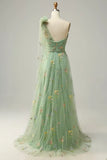 Pbong  High Quality One Shoulder Green Tulle Pleat Appliques Flowers Sleeveless Elegant Dress Women for Wedding Party
