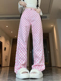 Pbong  Women Pink Plaid Pant High Waist Loose Vintage Korean Wide Leg Trousers Casual Pockets Sweet Female Retro Summer Pants New