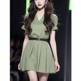 Pbong  Summer Women's een V-Ne ort Sve Dr Faionable Unique Tea Break Design Sense Loose Fit A-Line  Dr