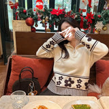 Half Zipper Knit Cardigan Sweater Women Pullovers Cozy Loose Sweater Jacket Collared Long Sleeve Floral Print Fall Winter Outfit