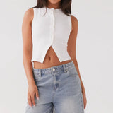 Women Tank Tops y2k Clothing Summer Solid Color Round Neck Sleeveless Button Down T Shirts Vest 2000s Aesthetic Clothes