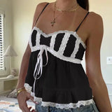 Sweet Girl Lace Trim Babydoll Camis Y2k Fairycore Peplum Crop Tops 00s Aesthetic Backless Tank Tops Women Milkmaid Vest Holiday