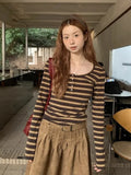 Slim Y2K Striped T Shirt Women Streetwear American Long Sleeve Retro Tees Fall Sexy U Neck Female Harajuku Vintage Tops New