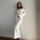 Knitted Slash Neck Long Sleeve Slim Long Dress For Women Autumn New Fashion Solid Flare Sleeve Casual Tight Female Dresses
