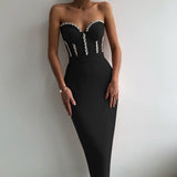 Summer Sexy Strapless Bodycon Women Bandage Dress Elegant Beading Vestido Night Club Outfit Evening Party Midi Robe Dresses