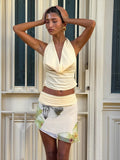 Temperament 2-Piece Set Women Halter Backless Swing Collar Tops+Wear Both Front And Back Patchwork Skirts Matching Suits