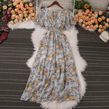 Pbong  Romantic Floral Print Chiffon Maxi Dress Women Sexy V-neck Backless Beach Vestidos Elegant Elastic Waist Party Dress