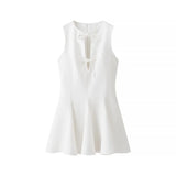Deep V-neck Lace-up Short Dress 2025 New Zipper Hollow Out Sexy Summer Women Dress Solid Color Fashion Chic Pleated Tank's Dress