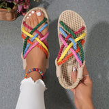 Pbong  Women Rainbow Color Braided Rope Flat Heel Sandals Outdoor Casual Slip On Slides Sandals Woman Plus Size 43 Beach Vacation Shoes