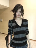V Neck Vintage Striped Sweater Women Sexy Slim Long Sleeve Y2K Knitted Jumper American Retro Harajuku Letter Fall Pullover