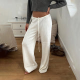 Pbong  Basic Solid Low-Waisted Ribbed Knitted Pants Casual Loose Drawstring Wide Leg Pants Soft Comfy Lounge Wear Trousers Streetwear
