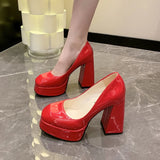 Pbong  Hot Sale Square Heels 10cm Chunky Heels Platform Pumps Double Color Blocking Women Party Dance Pumps
