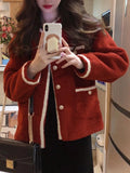 Red Faux Lamb Sweet Coat Women Korean Long Sleeve Winter Warm Jacket Vintage Casual O Neck Elegant Pearls Buttons Cute Tops