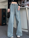 Elastic Waist High Waist Wide Leg Jeans for Women Loose Straight Blue Long Denim Pants Female Fashion Streetwear Jeans