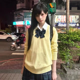 Pbong  Basic Pure Color Knitted Long Sleeve V-Neck Women's Vest Jk Uniform College Style Layering Top Autumn Fashion Casual Set