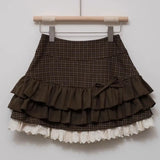 Brown Women Plaid Skirts Kawaii Lolita Sweet Mini Skirts Vintage Lace Patchwork Cute Fashion High Waist Layered Skirt