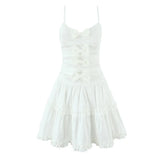 Pbong  Women Sexy White 3D Bow Ruched Front V neck Sling Dress Low Waist Wood ears Ruffles Swing A line Mini Dresses Party Robe