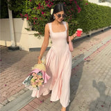 Summer New European And American Style Solid A-line Pink Strap Dress Fashion Elegant Square Collar Women Summer Long Dress