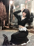 Gothic Harajuku Patchwork Lace V Neck Long Sleeve Tops Slim Fit Temperament Mermaid Long Skirts Y2k Vintage Girl Two Piece Sets