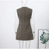 Pbong  Striped Pullover Deep V-Neck Sleeveless Mini Dress Bodice Short Length Silhouette Spring Chic Elegant Office Women Vestido
