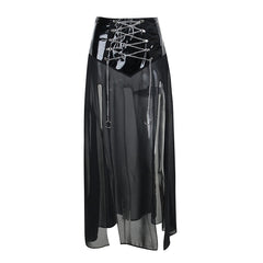 Grunge Punk Black Chain Lace Up Skirt Y2K Goth Harajuku Sexy Faux Fur Patchwork Split Long Skirts Summer Fashion Skirt