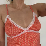 Women's Orange Vest Polka Dot Lace Trim Spaghetti Strap Camis Fairy Coquette V Neck Sleeveless Shirt Y2k 00s Cute Crop Tops