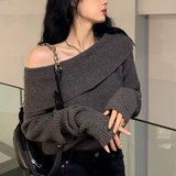 Women Off Shoulder Sweater Long Sleeve Off-the-Shoulder Knitted Tops Rib-knit Jumper Pullover Female Casual Outfit Fall Winter