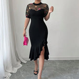 Pbong  Sexy Mesh Spliced Women Fishtail Dress Stylish Jacquard Irregular Hem Midi Vestidos Evening Party Female Black O-Neck Dress