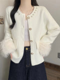 Elegant Pearls Sweet Cardigan Women Vintage O Neck Faux Mink Cashmere Knitted Sweaters Korean Casual Long Sleeve Loose Tops