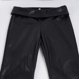 Pbong  Basic Solid Pu Leather Flare Pants Casual Slim Folds Low-Waisted Wide Leg Pants Women Autumn Spring Streetwear Office Lady