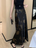 Retro Tie Dye Satin Long Skirts Women Elegant Korean Vintage Slim Trumpet Skirt Casual Summer Sweet Comfortable Long Skirt