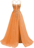 Pbong  Lace Applique Sparkly Tulle Prom Dresses for Women with Slit Spaghetti Straps Backless A Line Long Ball Gown