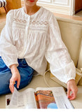 Elegant Pretty  Blouses Shirts Women Tops Floral Whole Piece Embroidery Long Sleeve O Neck Boho 100% Cotton Blouse Shirt Autumn