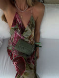 Sexy Printed V-neck Halter Long Dresses Women Retro Sleeveless Backless Side Slit Beach Dress Female Fashion High Street Holiday