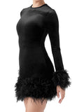 Pbong  Women Autumn Dress Feather Trim Long Sleeve Bodycon Mini Dress Elegant Club Party Retro Sexy Korean Fashion Dresses
