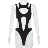 Pbong  Mall Gothic Hollow Out Sexy Bodysuits Techwear Fashion Y2k Patchwork Tops Women Backless High Cut Slim Bodysuit