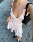 pink knit flower strap black V-neck dress short for women