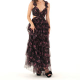 Pbong  Women Summer Floral Print Ruched Bust Sleeveless V-Neck Ruffle Layered Lace-up Backless Flowy A-Line Long Cake Dress
